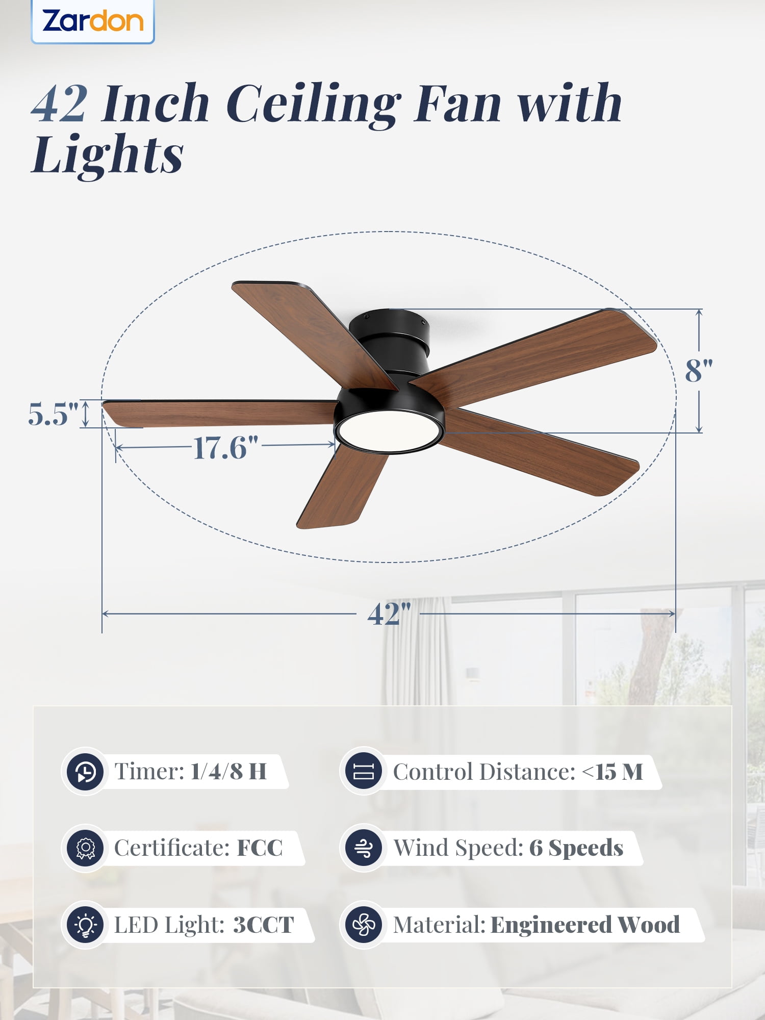 Zardon 42-Inch Ceiling Fan with Light and Remote Control, 6-Speed,for Indoor Use- Black