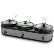 MegaChef Slow Cookers and Buffet Server with 3 Ceramic Cooking Pots and Removable Lid Rests, 2.5 Quart, Brushed Silver & Black
