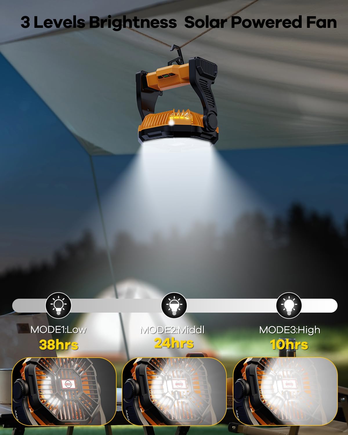10400mAh Solar Fan, Camping Fan with 7W Solar Panel, Rechargeable Solar Powered Fan with LED Lantern,Portable Battery Operated Fan for Travel Picnic, Barbecue, Fishing,Outdoor＆Indoor