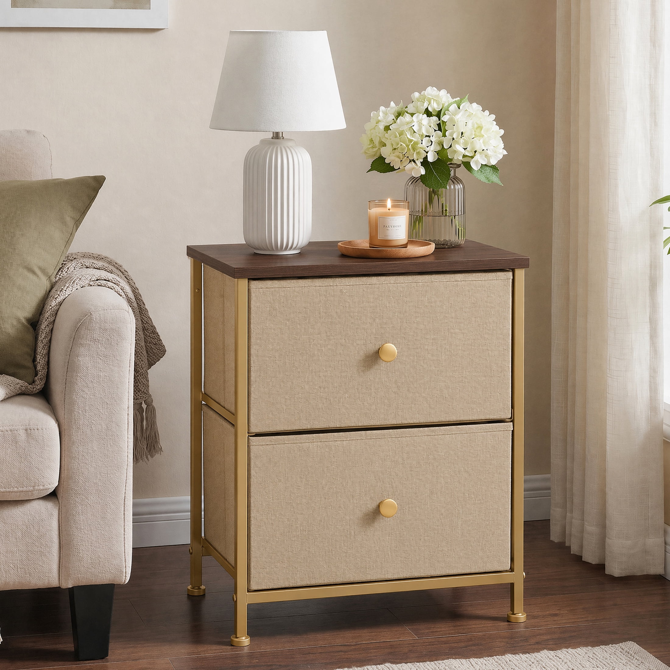 Double Drawer Bedside Table for Bedroom Living Room Storage