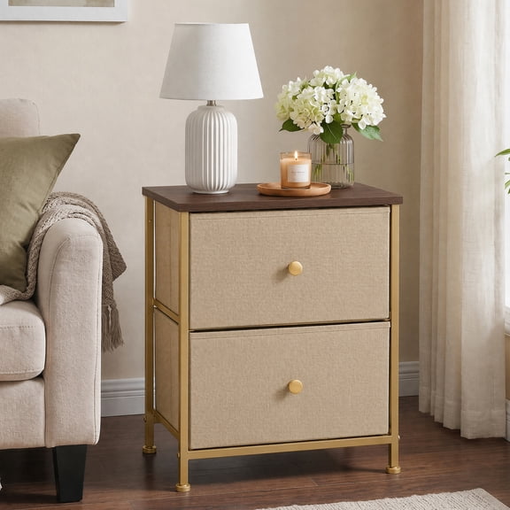 Nightstand for Bedroom, TINKLE WELL 2-Drawer Bedside Table, Khaki End Table for Closet, Dorm