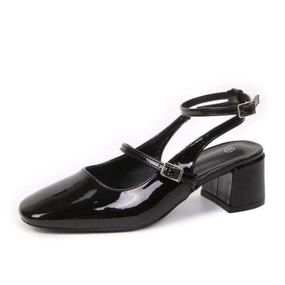 LuckLilac Women's Square Toe Slingbacks Mary Jane Pumps Patent Leather Chunky Low Heel Buckle Strap Heels sandals Wedding Party Dress Shoes