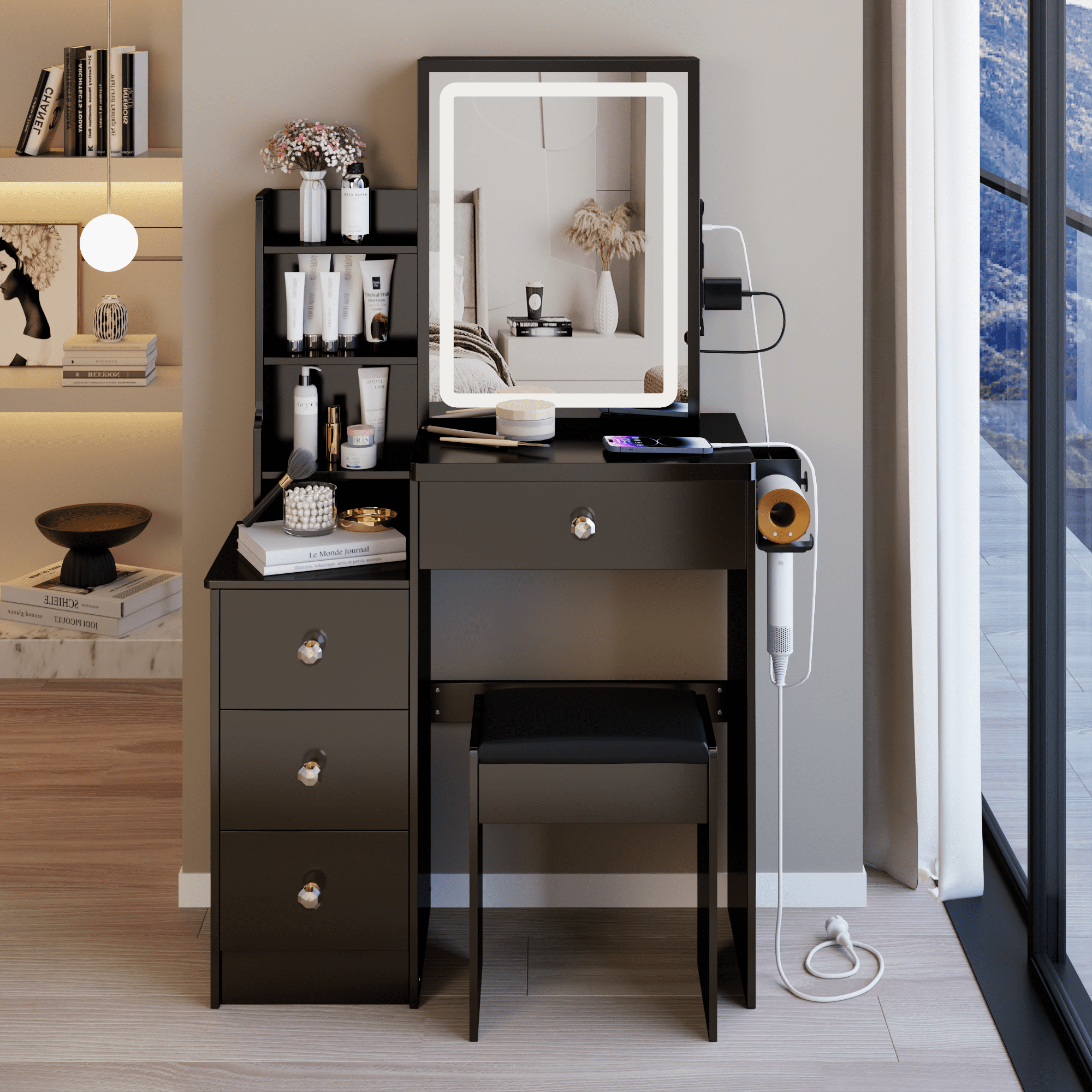 29.2" Small Size Left Bedside Cabinet Vanity Table + Cushioned Stool, 2 AC+2 USB Power Station, Hair dryer bracket, Extra Large Touch Control Sliding LED Mirror, Tri-color Switching