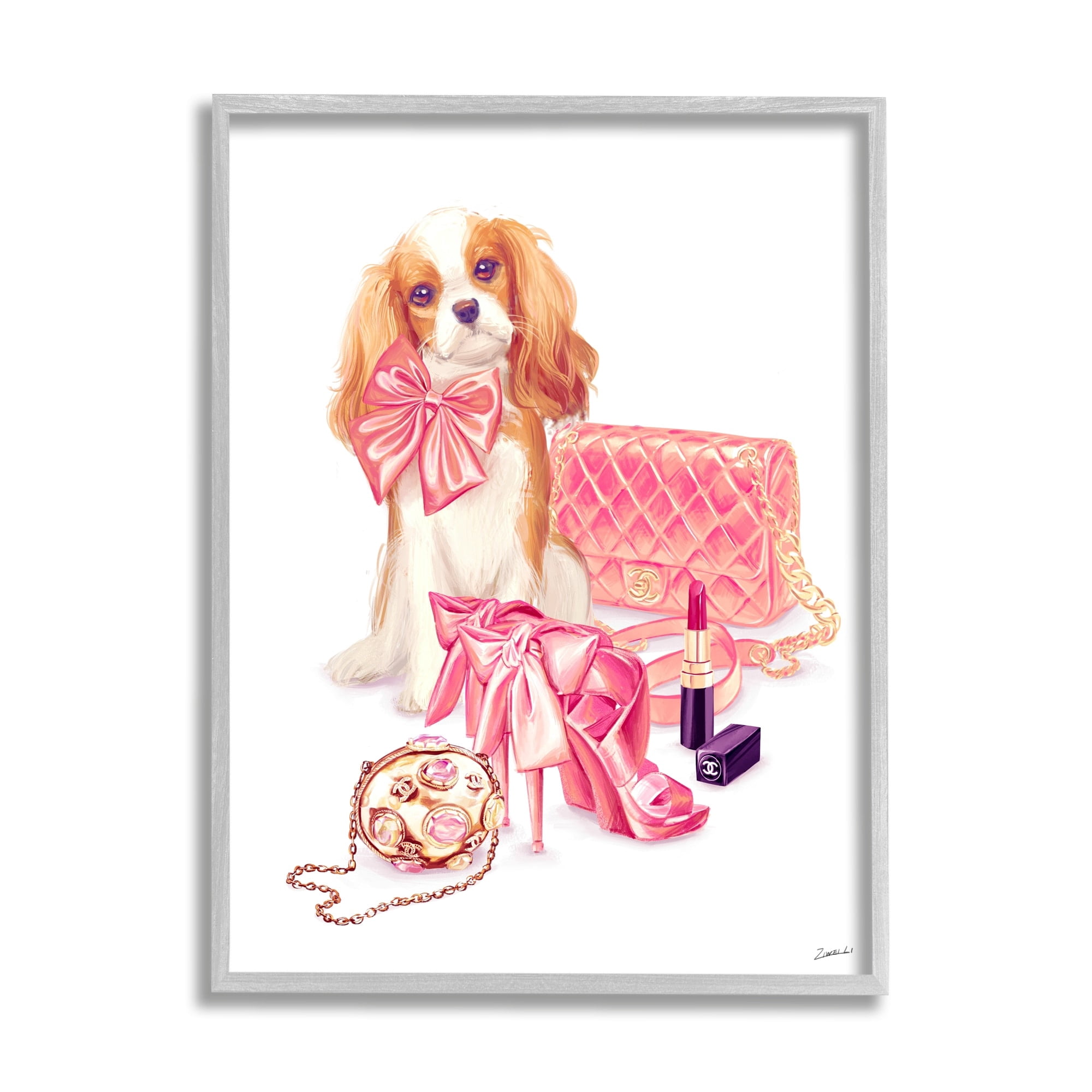 Stupell Industries Upscale Dog Pink Bow Fashion Accessories Makeup Framed Wall Art, 24 x 30, Design by Ziwei Li