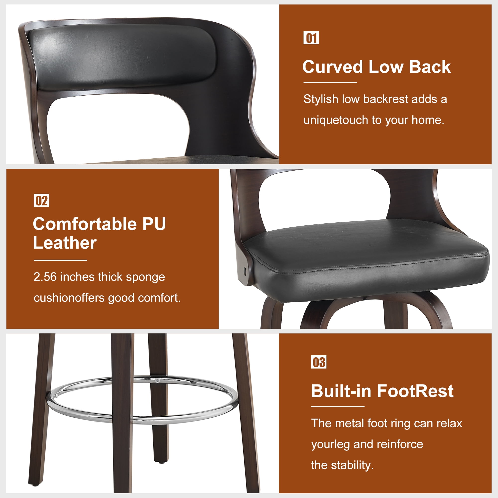 FANCROU 26 inch Swivel Counter Height Bar Stools Set Of 4, PU Leather Seat With Bentwood Back And Legs, Black