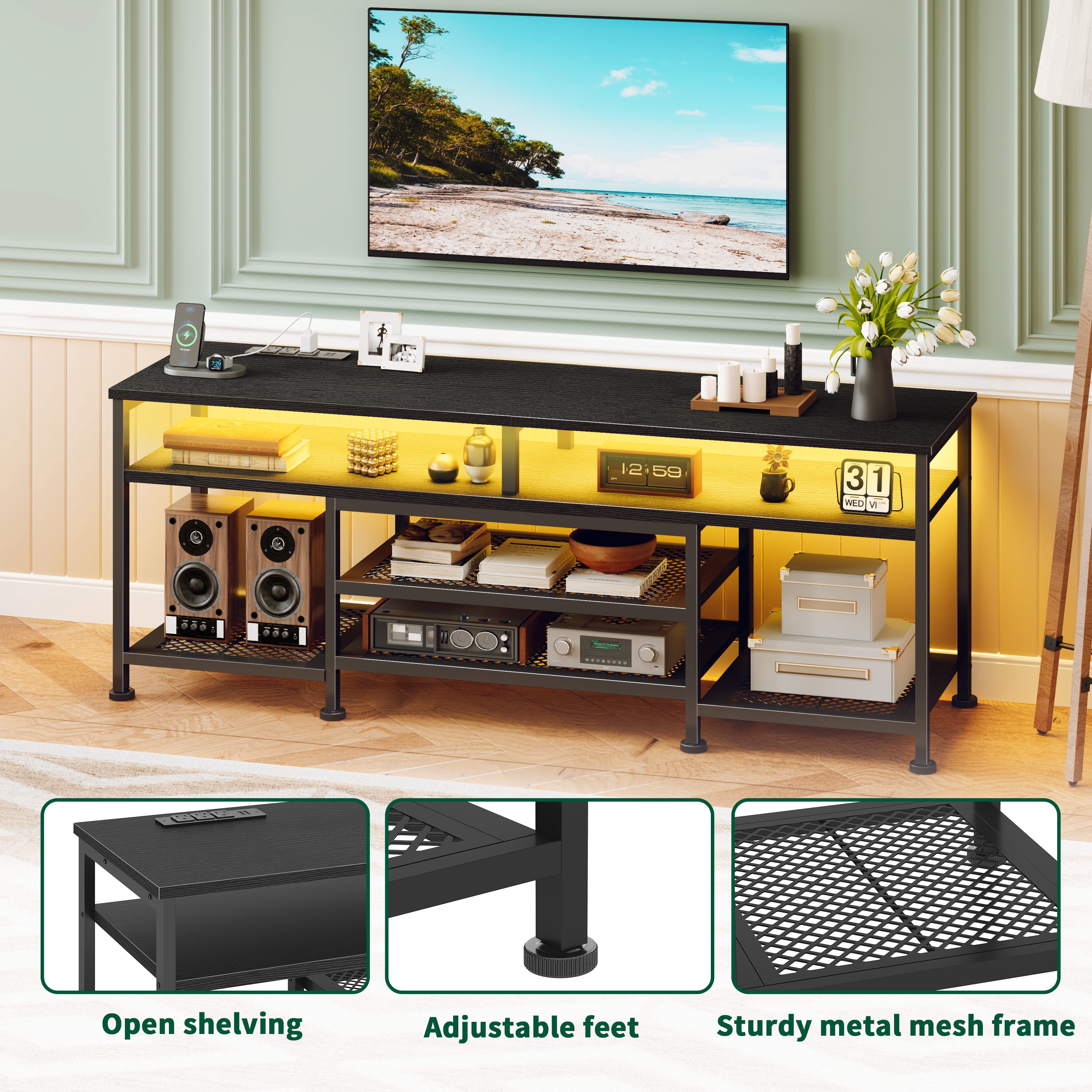 Tydimor Modern TV Stand for TVs up to 70", Media Console with Storage for Living Room, LED Entertainment Center with Outlets, Black