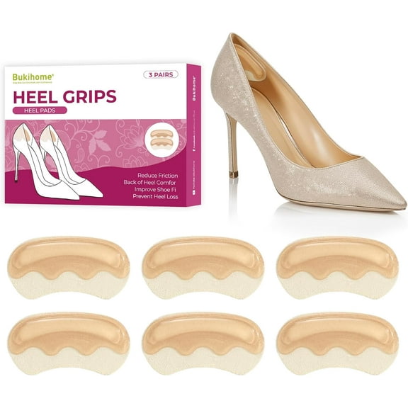Bukihome Heel Pads Grips for Women Shoes - Self-Adhesive Heel Cushion Inserts Prevent Slipping, Rubbing, Blisters, Foot Pain, Improve Shoe Fit - Gel Heel Pads for Shoes Too Big (Beige,3 Pairs)