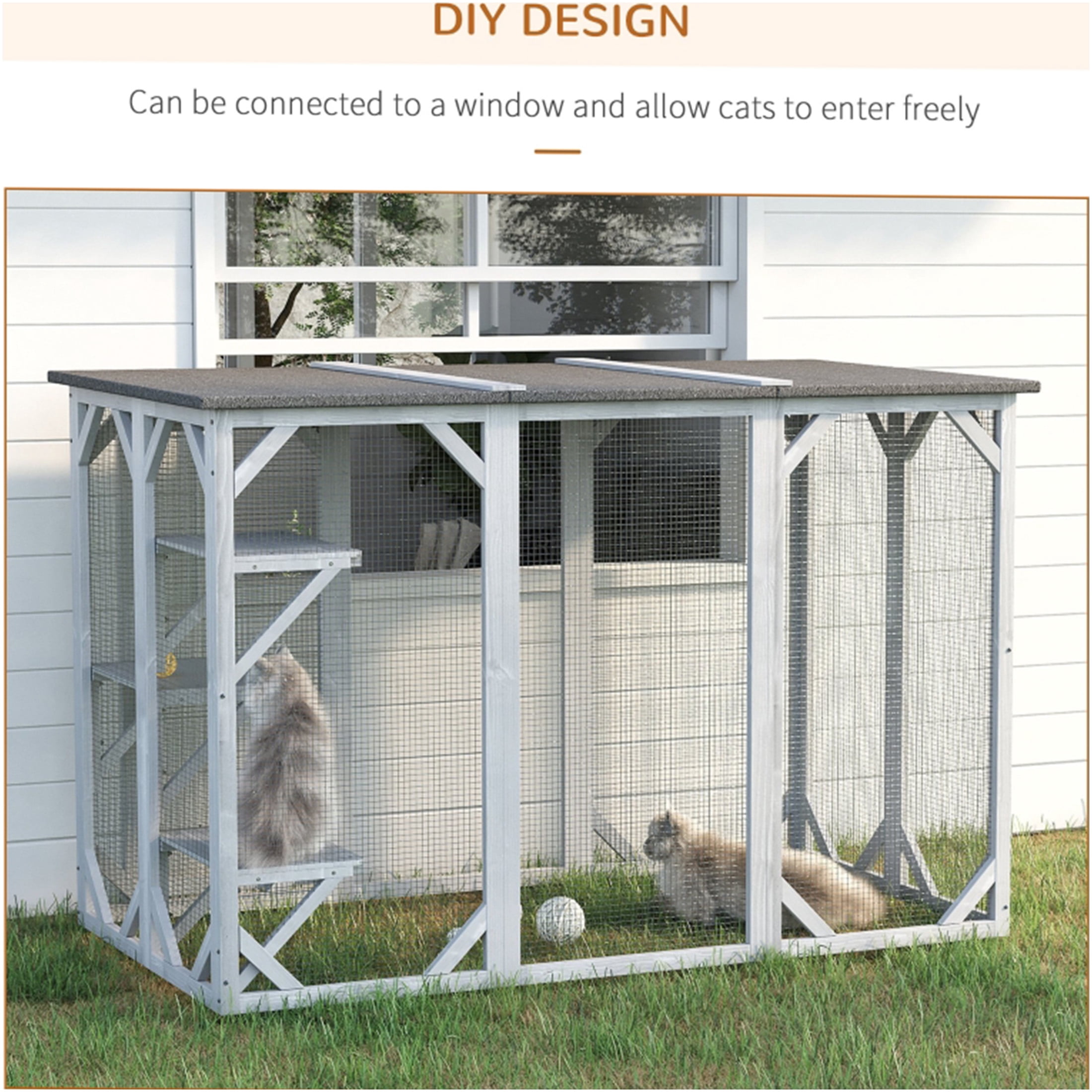 JERFIT Large Outdoor Catio Enclosure for Multiple Cats, Weatherproof Wooden Cat Cage Playpen with Asphalt Roof, Sturdy Wire Mesh, Grey