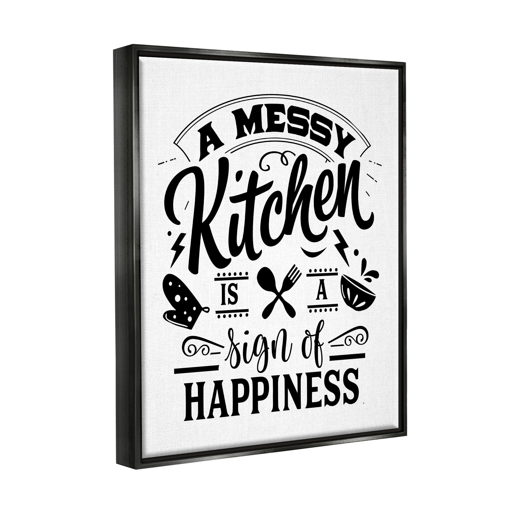 Stupell Industries Kitchen Happiness Retro Style Casual Silverware Motif Graphic Art Jet Black Floating Framed Canvas Print Wall Art, Design by Lettered and Lined