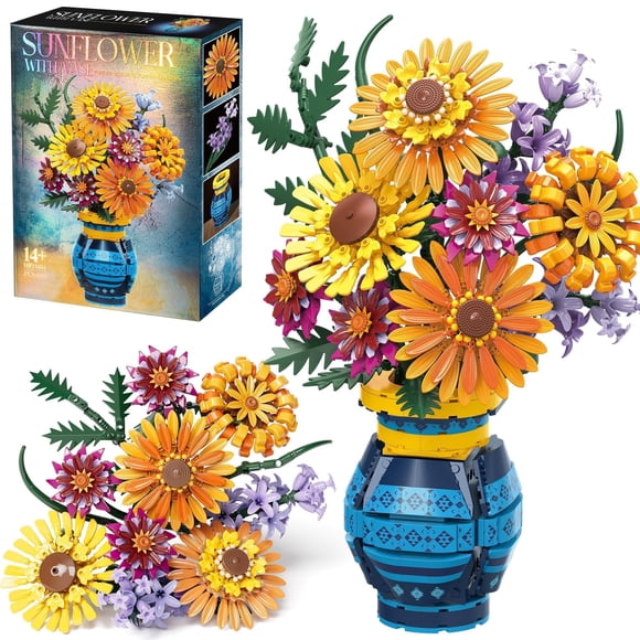 Bouquet de girasoles Building Blocks Qinline con jarrón, 1065 unidades