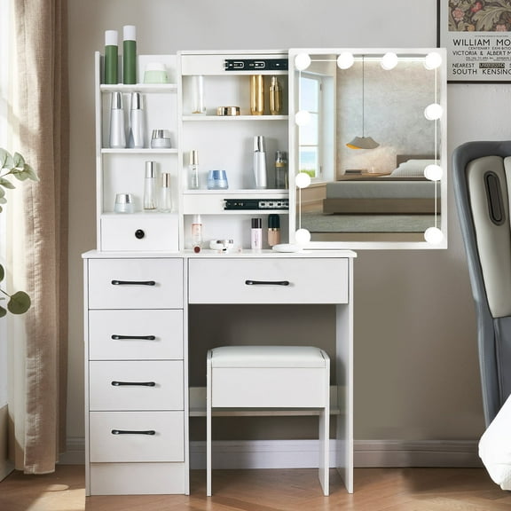 Ciumeeo Makeup Vanity Desk Set with LED Lighted Sliding Mirror & Stool 6 Drawers for Women