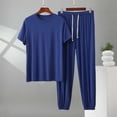 thumbnail image 2 of 2 Piece Workout Sets for Men Cotton Sleeveless Crew Neck Shirts & Elastic Waist Drawstring Cuffed Long Pants Breathable Comfy Track Set Blue XL, 2 of 5