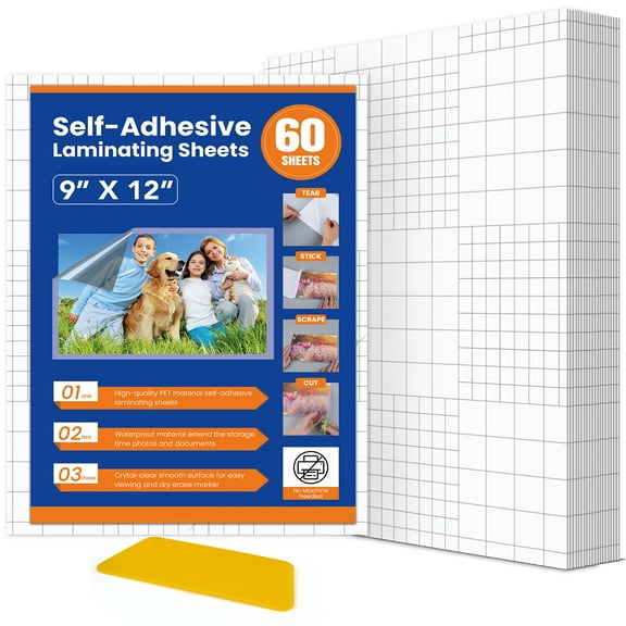 DIY.STORE 60 Pack Self Adhesive Laminating Sheets, 9 X 12 Inch, Clear Sticker Laminate Sheets Waterproof for Documents, Photos, No Machine Needed Heatless Durable
