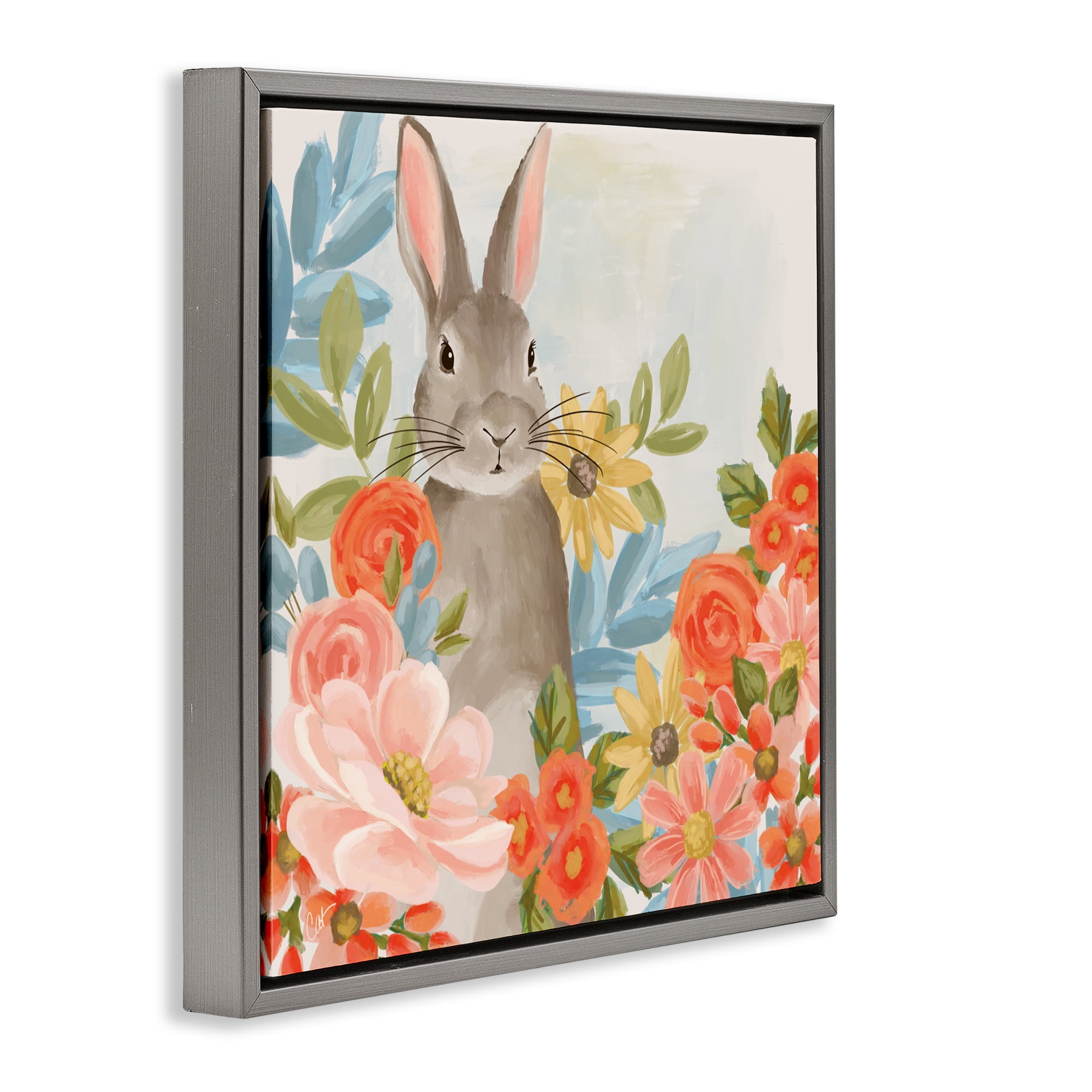 Stupell Industries Bunny Among The Blooms Gray Framed Floater Canvas Wall Art, design by Cat Thurman Designs