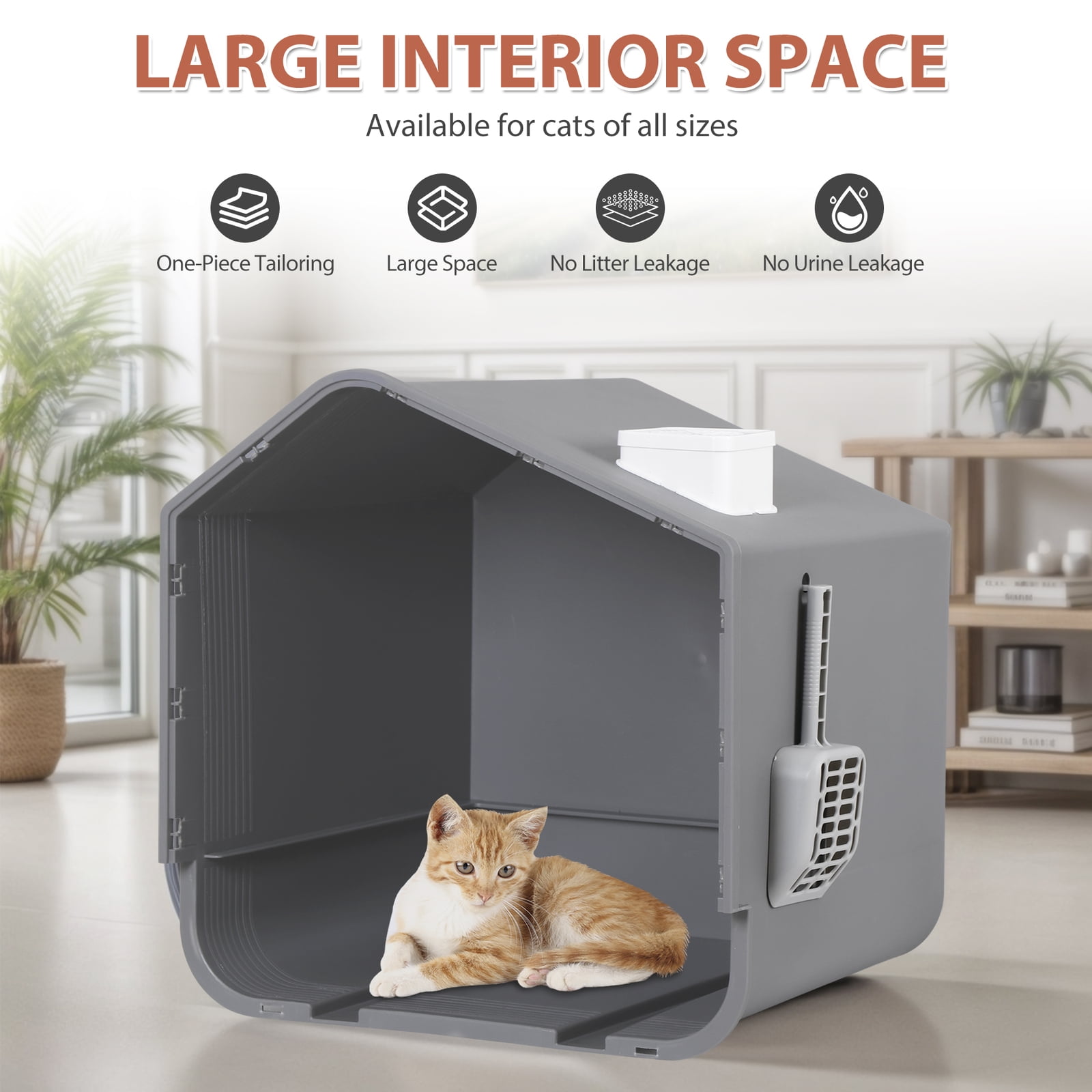 Enclosed Cat Litter Box with Litter Scoop and Slide-Out Tray Anti-Leakage Grey