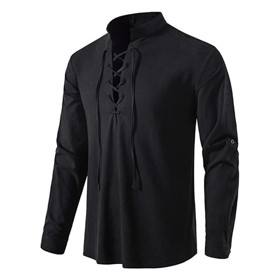 Pirate Costume Men, Renaissance Pirate Top, Renaissance Costume Men, Mens Pirate Costume, Medieval Lace Up Shirt Renaissance Pirate Top Stand Collar Long Sleeve Cotton for Renaissance Fair, Black L