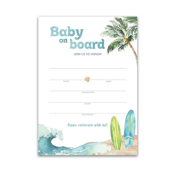 Baby on Board Invitations — Pack of 25 — Surf Beach Theme Baby Shower Invites Blank Fill-in Summer Baby Shower Invitation, Rustic Blue Ocean Surfing, Couples Shower Co-ed Shower Coed I940-INV1