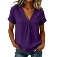 thumbnail image 2 of QUNYINEY Cotton Linen T Shirts for Women Trendy Purple Short Sleeve Casual Tops Loose Fit Summer Pleated V Neck Pullover Shirts, 2 of 8