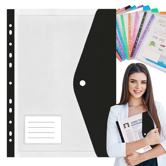 Plastic Binder Pockets, 11 Holes, A4 Size, Expandable Folders for 2/3/4 Ring Binders, 2 Pack, Black