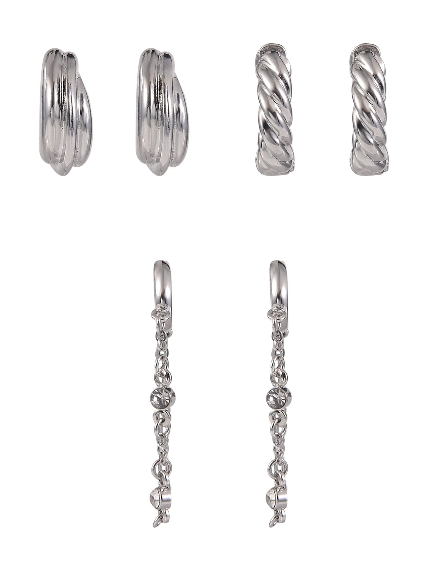 Time and Tru Adult Female Silver-Tone Crystal Stone Cable Chain Dangle and Textured Hoop Multi Stacker Earring Set