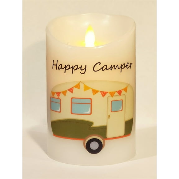 "Happy Camper" (Olive Green) Moving Flame LED Candle - White Wax - Indoor - 3.5" x 5" - Blow "OFF" / Blow "OFF" - Remote Enabled
