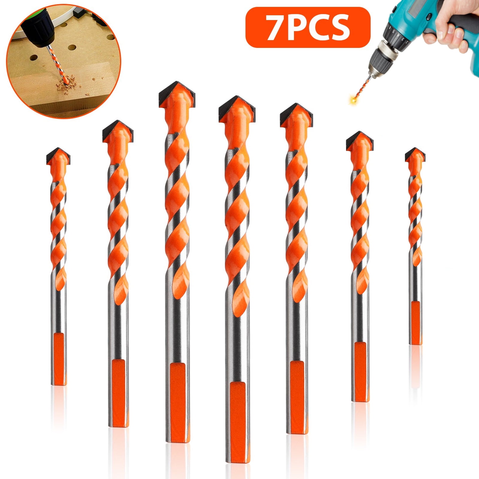 1/8” to 1/2” Concrete Drill Bit Set with Triangle Handle for Tile Tungsten Carbide Tip Work with Ceramic Tile 7 Pcs Masonry Drill Bits Wall Mirror Glass Brick Plastic and Wood 