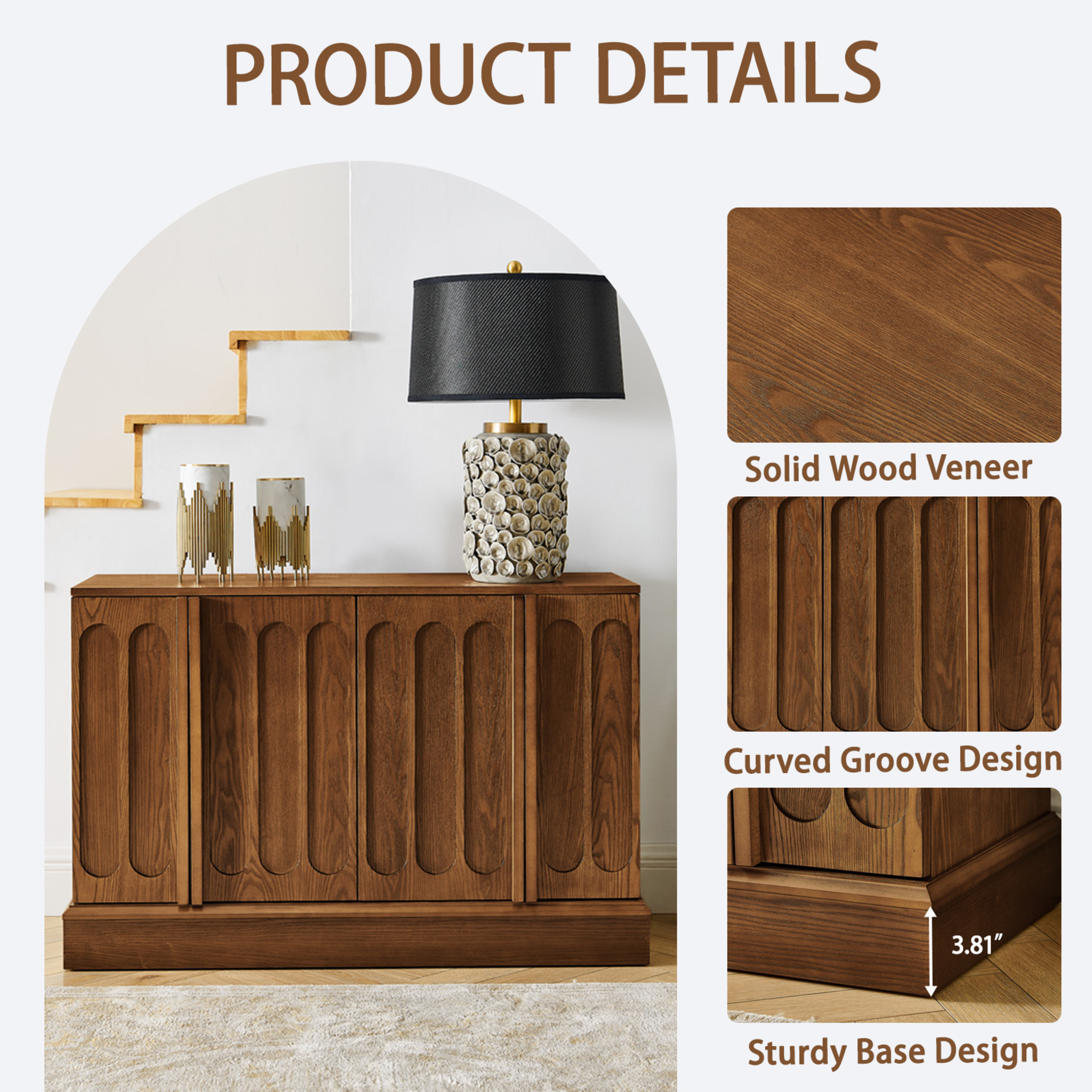 GDF Studio 44.8" Mid Century Modern Fluted Sideboard Cabinet with Adjustable Shelves, Walnut