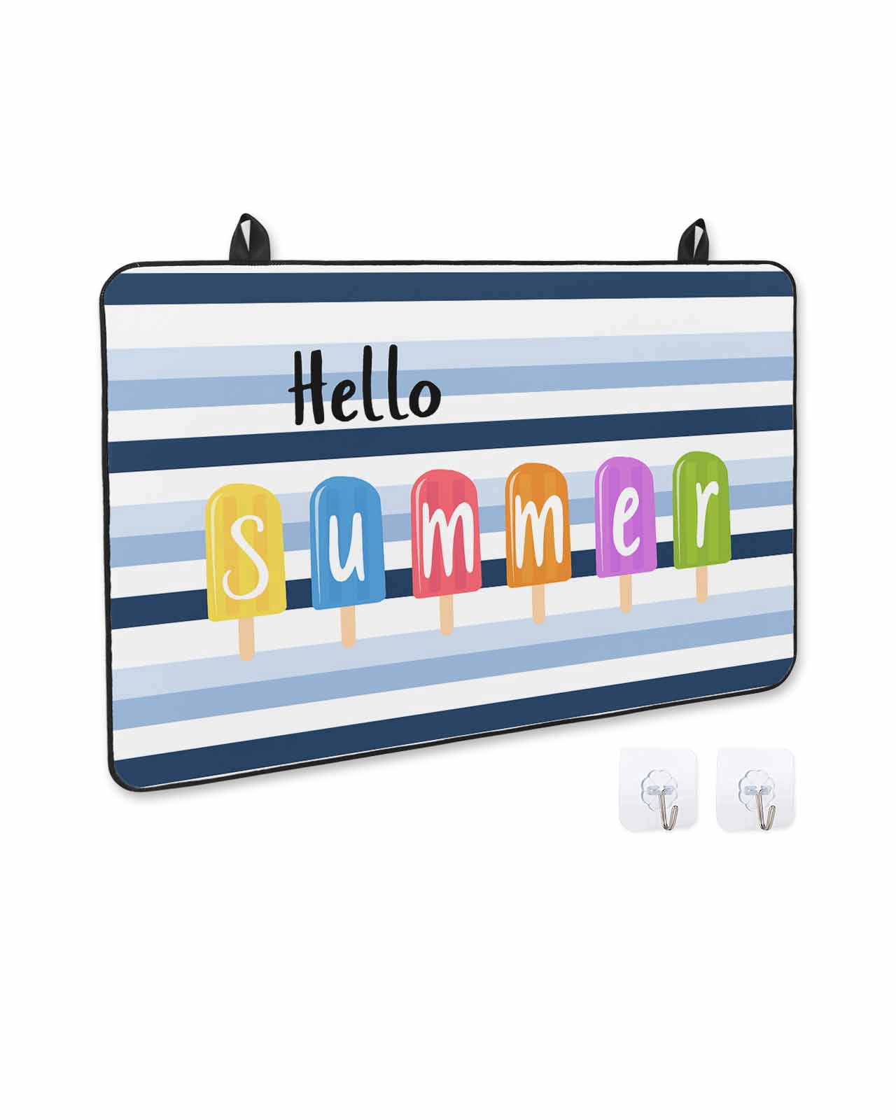 nqOlkjepod Large Induction Cooktop Protector Mat 24"x21", Hello Summer Stove Top Covers for Electric Stove, Watercolor Blue Striped Colorful Ice Cream Stove Burner Cover Mats, Glass Top Stove Cover