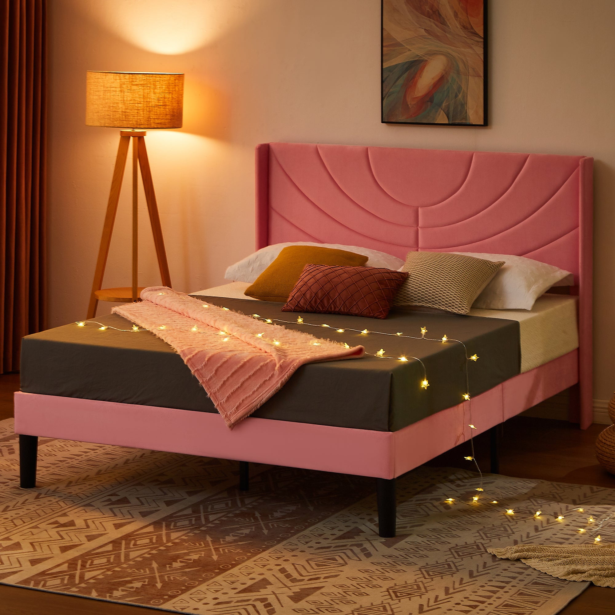 VECELO Upholstered Platform Full Bed Frame with Fabric Headboard,Wooden Slats Support/No Box Spring Needed/Mattress Foundation,Pink