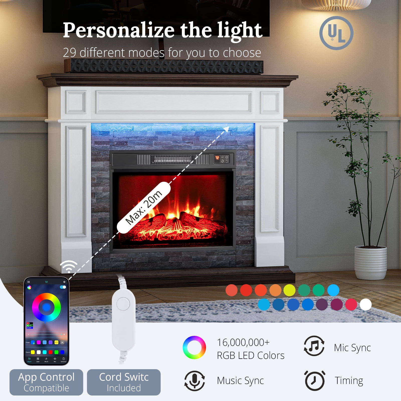 Holliwill Electric Fireplace Mantel, 44" Freestanding Fireplace Heater with LED Lights, Infrared Quartz Heater, 1400W, White & Brown