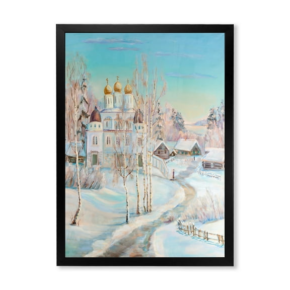 Designart 'Temple Over Country Road In Winter Landscape' Traditional Framed Art Print