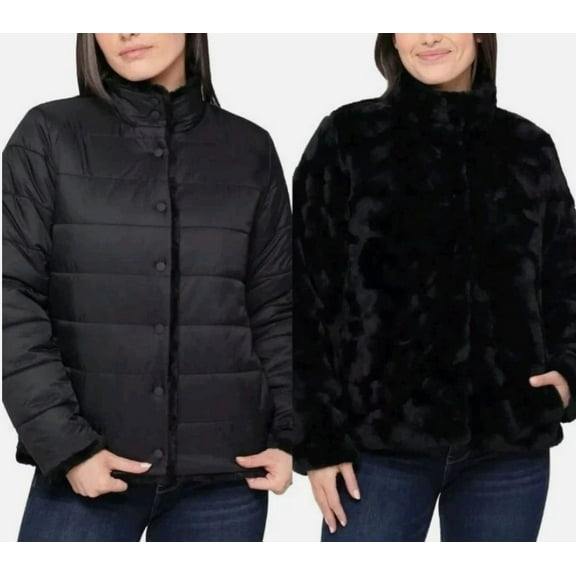 Nicole Miller Ladies' Size XXL (18) Reversible Jacket Faux Fur Puffer, Black