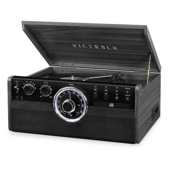 Open Box Victrola 6-in-1 Wood Bluetooth Mid Century Record Player with 3-Speed Turntable, CD, Cassette Player and Radio