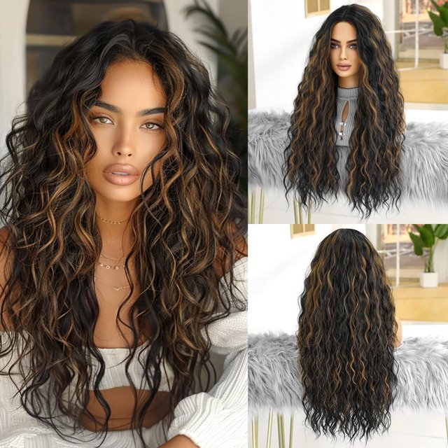 Yanonmyfd 24 Inches Long Wavy Purple Wig for Women Natural Synthetic Hair Heat Resistant Ombre Wigs with Dark Roots for Daily Party Cosplay Wear