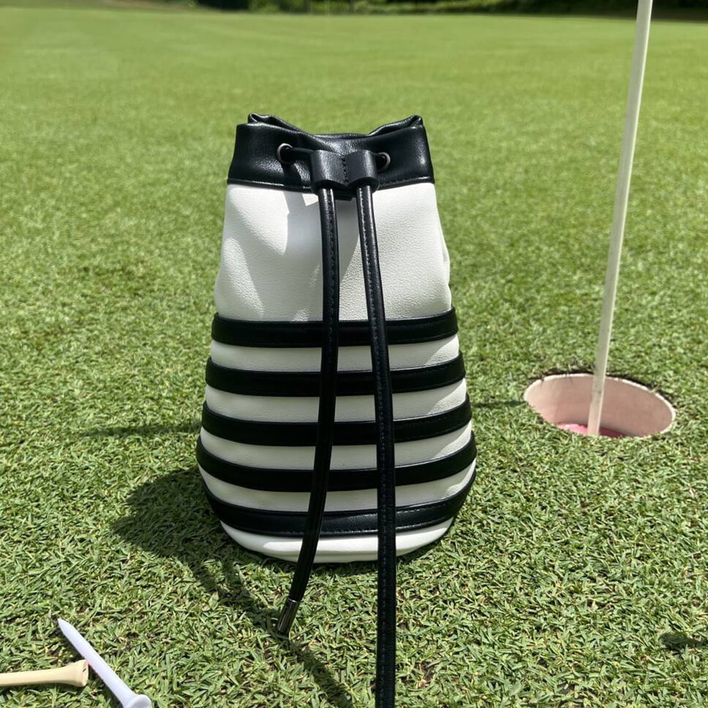 PINKTEE Golf Valuables Pouch Premium Leather Golf Tee Pouch Ball Bag Bucket Waist Design with Removable Magnetic Ball Marker(black)