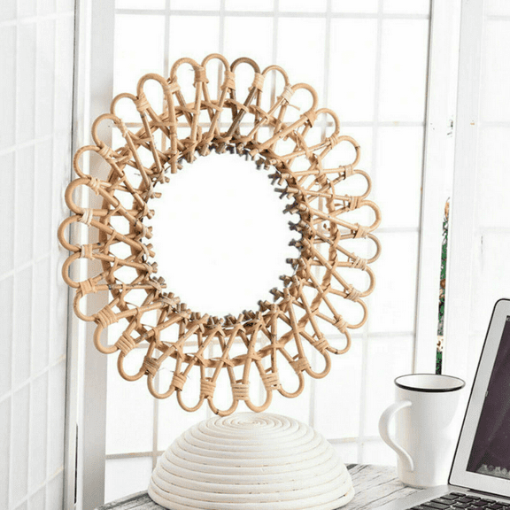 Hanging Mirror, 16x16in Rattan Sunflower Circular Wall Mirror, Rattan Wall-Mounted Mirrors Circular