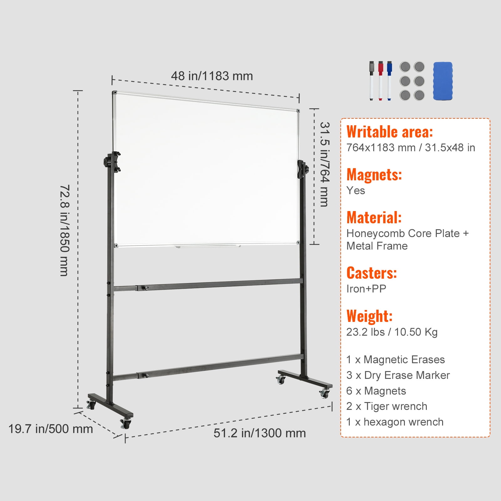 KFFKFF Mobile Whiteboard, 48x32 inch Dual-Sided Magnetic Rolling Whiteboard, 360° Rotatable Adjustable Height Dry Erase Board with Casters & Portable Tray for Educational Institutions and Workplaces