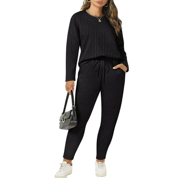 CASSIE LIZ Plus Size 2 Piece Outfits for Women Solid Pajamas Sets Fall Casual Lounge Long Sleeve Knit Winter Loose Fit Sweat Suits with Pocket (XL-5XL)
