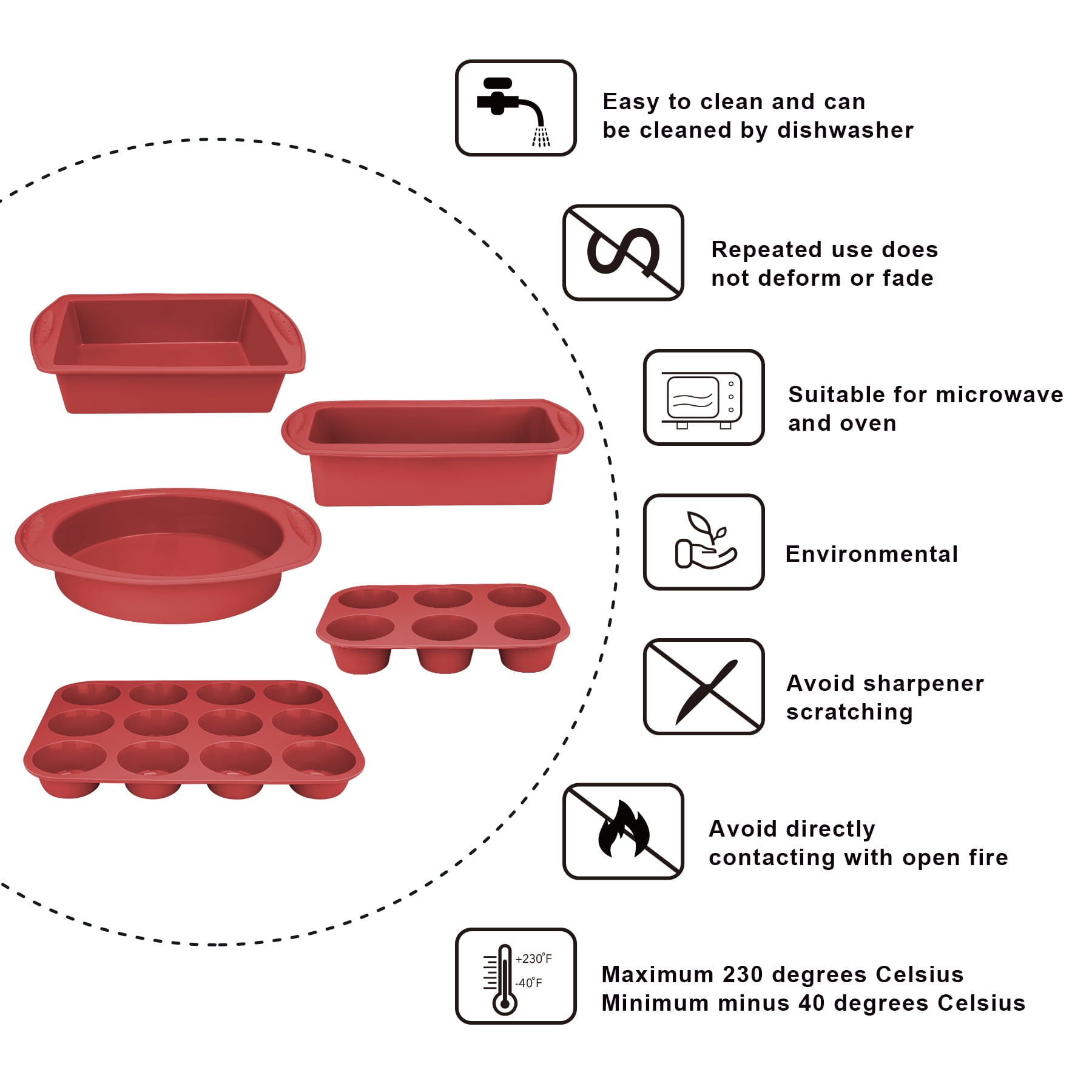 Aschef 7-Piece Non-Stick Silicone Baking Tray Set, Muffin, Loaf, Bread, Pizza, and Cake Pan-Red