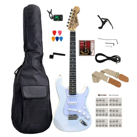 Strat-Style Electric Guitar Kit – White, Full Size 6-String with Maple Neck & Rosewood Fingerboard, SSS Pickups, Tremolo Arm, and Complete Accessory Bundle (Model SPS902)