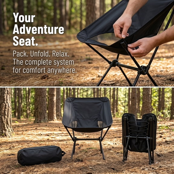 Portable Camping Chair Lightweight Foldable Outdoor Chair for Adults, Compact for Hiking Backpacking Beach Lawn Fishing Picnic with Carry Bag (Black)