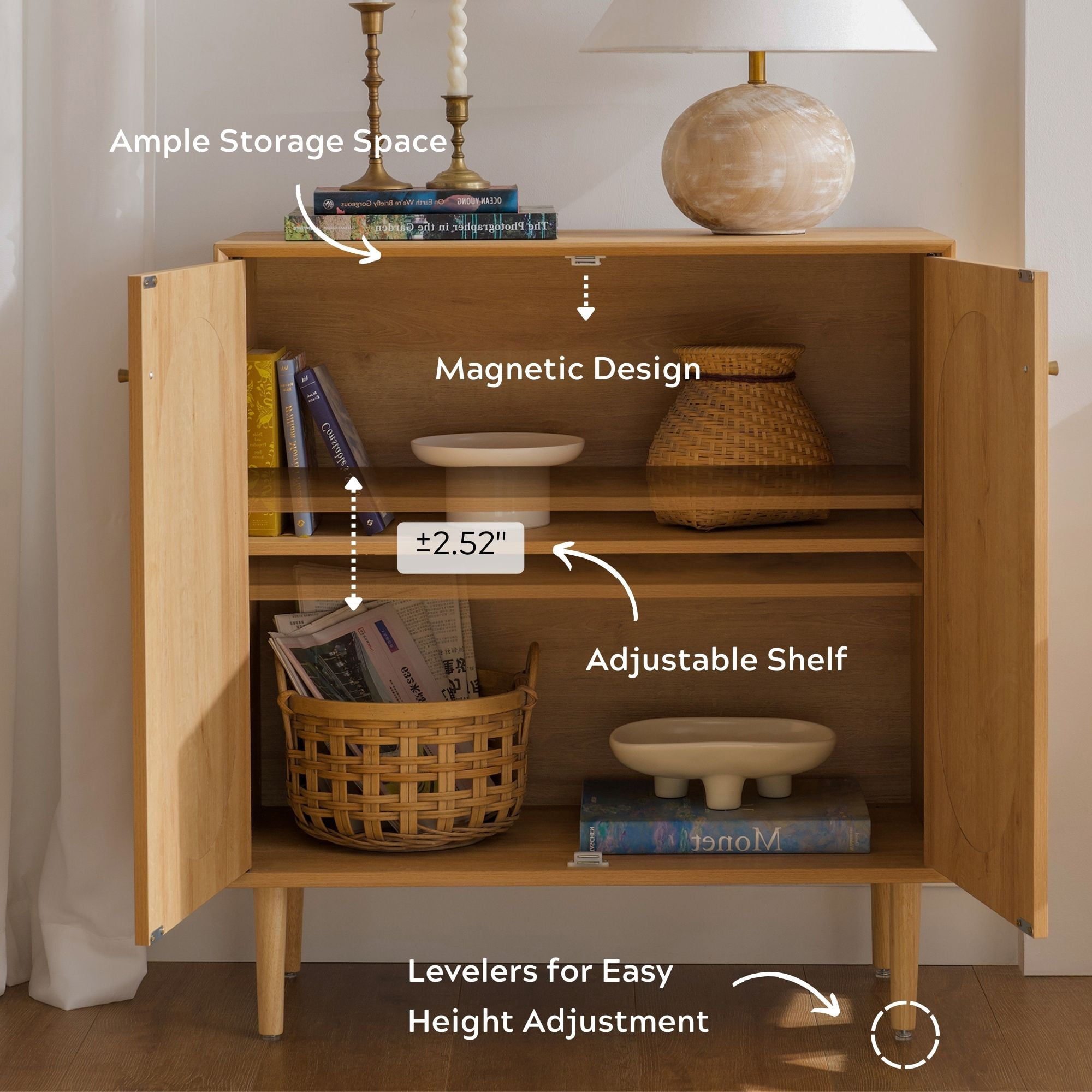 EYYTHUNG Farmhouse Accent Cabinet Set of 2 with Adjustable Shelves, Rattan Sideboard Storage Cupboard, Natural Oak