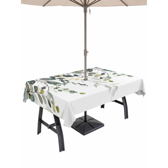 Outdoor Tablecloths with Umbrella Hole & Zipper, Green Eucalyptus 54x80 Inch Tablecloth Rectangle, Watercolor Spring Weeping Botanical Waterproof Table Cloth, Patio/Pool/Picnic Table Covers