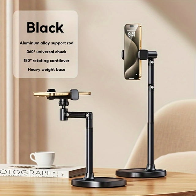 DEBGFS Support de Téléphone Mobile Diffusion en Direct Réglable Support Télescopique Support de Selfie Rotatif Alliage d'Aluminium Multi-Fonction Support de Bureau, Noir