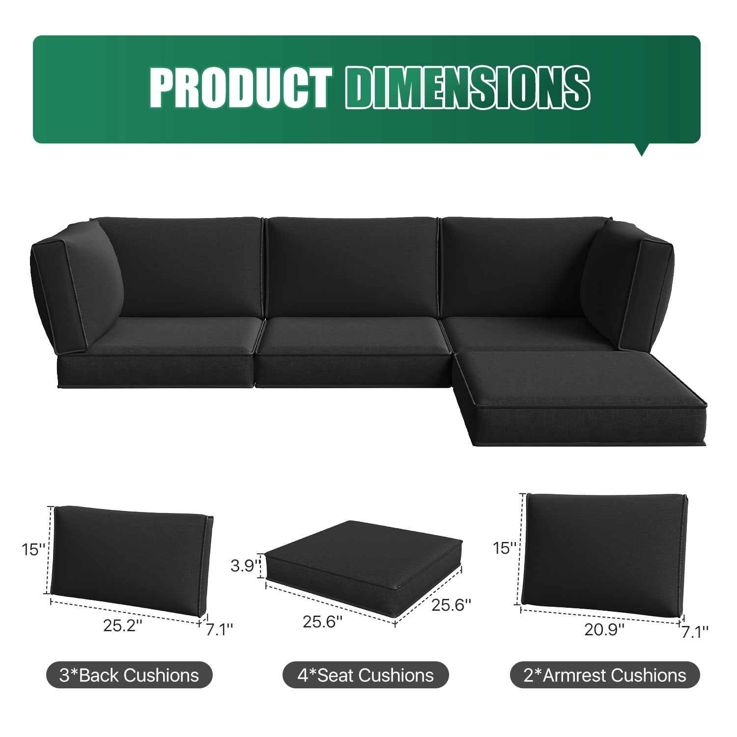 Clouddwell 9-Piece Outdoor Cushion Set for 4-Seat Wicker Sectional - Waterproof, High-Resilience Foam (Black)