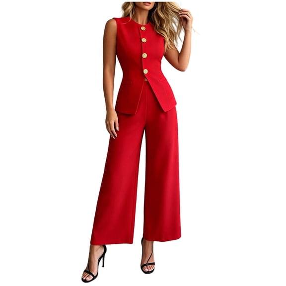 Women's Summer 2 Piece Suit Sets Elegant Fitted Sleeveless Blazer Vest and Wide Leg Pants Business Casual Outfits