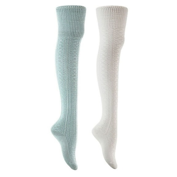 Lian Style Women's 2 Pairs Long Lasting, Colorful and Fancy Thigh High Over the Knee High Cotton Socks JMYP1025 Size 6-9 Sky Blue, Cream White