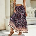 thumbnail image 4 of Yucgh Women's Smocked High Waist Beach Skirt with Slit, Bohemian A-line Maxi Skirt, Flowy Pleated Summer Casual Skirt,Navy,L, 4 of 8