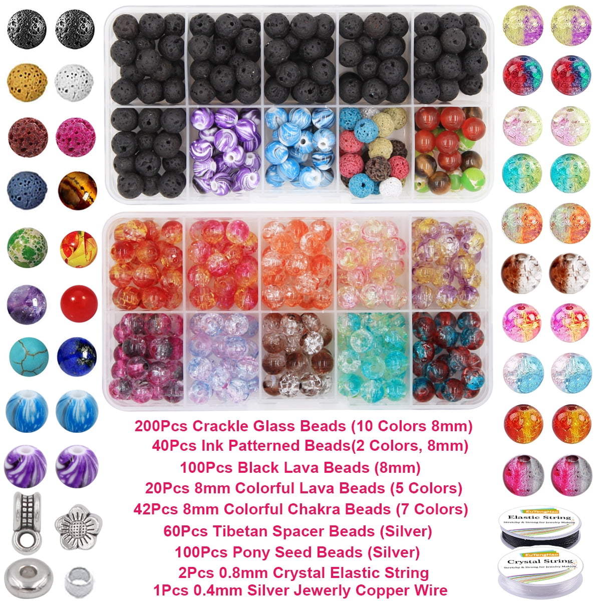 EuTengHao 878Pcs Lava Beads Chakra Beads Glass Crackle Beads Kit with Spacer Beads Jump Ring Jewelry Findings for Diffuser Essential Oils Yoga Bracelets Earrings Necklace DIY Jewelry Making Supplies