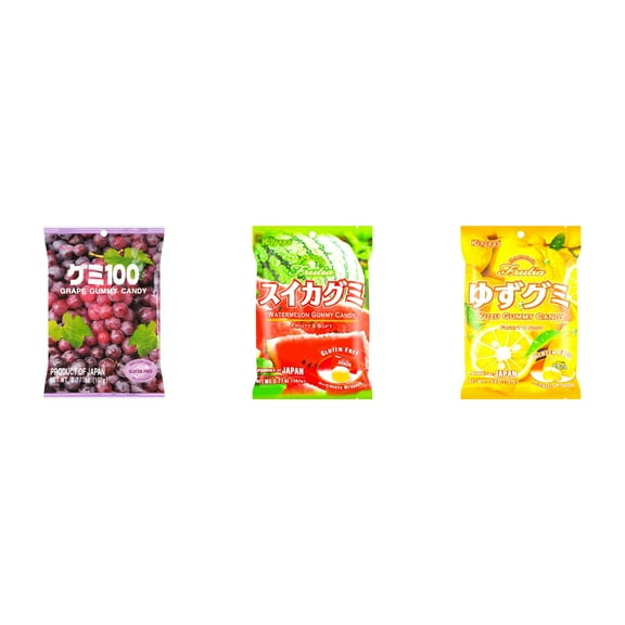 3 Pack Kasugai Gummy Candies, Made in Japan, Gluten Free, Mix 3 Flavor (Grape Frutia,Watermelon,Yuzu) Plus NineChef Brand Long Handle Coffee Spoon